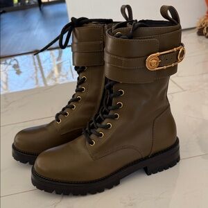 Versace Medusa Insignia Leather Combat Boots - Olive